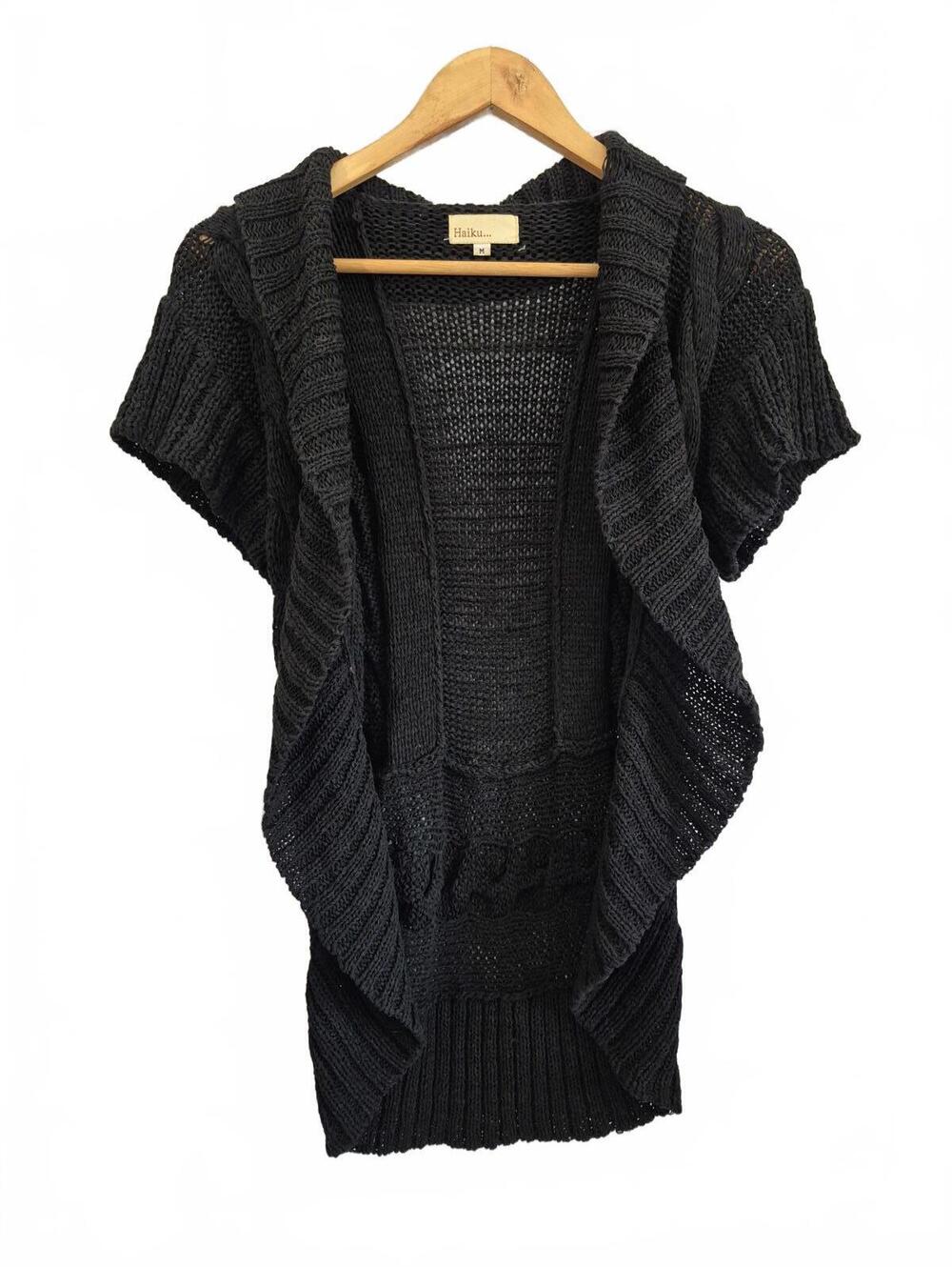 Haiku Ladies Black Cable Knit Open Front Short Sleeve Cardigan Rolled Neck Hi Lo